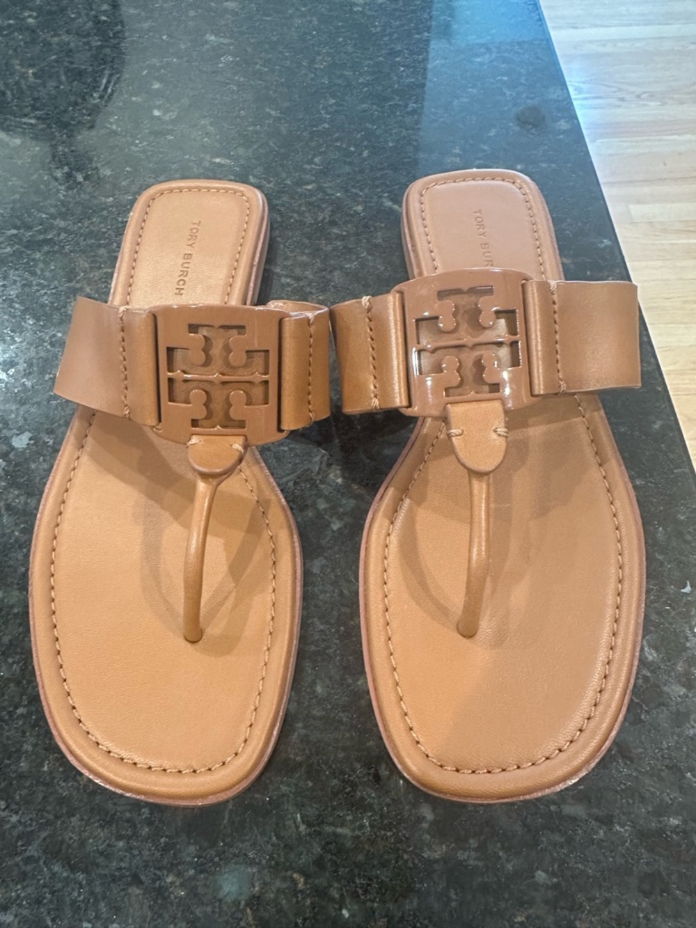 Tory Burch Tan Leather Logo Thong Sandals